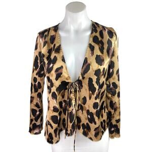 Never Fully Dressed Brown Black Satin Cheetah Print Long Sleeve Tie Blouse Top M